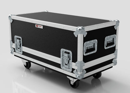 The Medium Gearbox Case is a black rectangular storage box with metal reinforcements, handles, latches, and four caster wheels. Its internal dimensions are 940 x 450 x 400 mm. Shown here on a white surface.