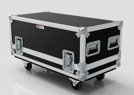 The Motorsport Gearbox Flight Case | 940 x 450 x 400 mm (Internal) is a large black and silver flight case with metal reinforcements, handles, and four caster wheels, designed for motorsport logistics. Shown against a plain white background.