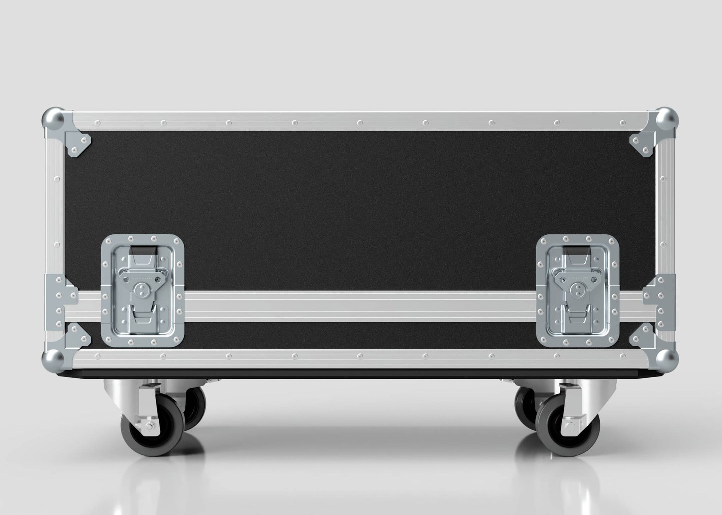 The Medium Gearbox Case, with internal dimensions of 940 x 450 x 400 mm, features a black and silver design, metal corners, two latches, and stands on four caster wheels against a plain background.