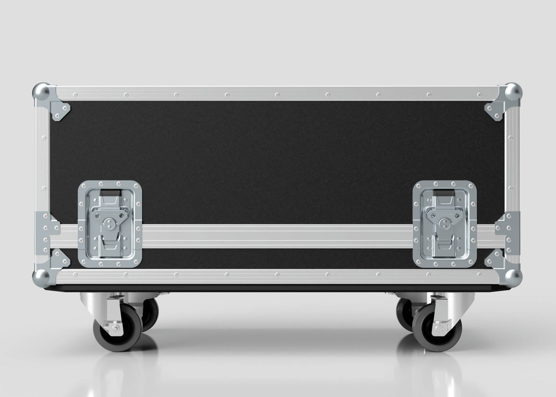 The Medium Gearbox Case, with internal dimensions of 940 x 450 x 400 mm, features a black and silver design, metal corners, two latches, and stands on four caster wheels against a plain background.