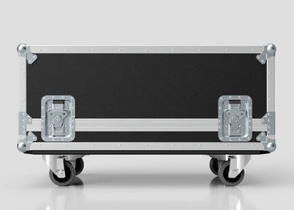 The Medium Gearbox Case, with internal dimensions of 940 x 450 x 400 mm, features a black and silver design, metal corners, two latches, and stands on four caster wheels against a plain background.