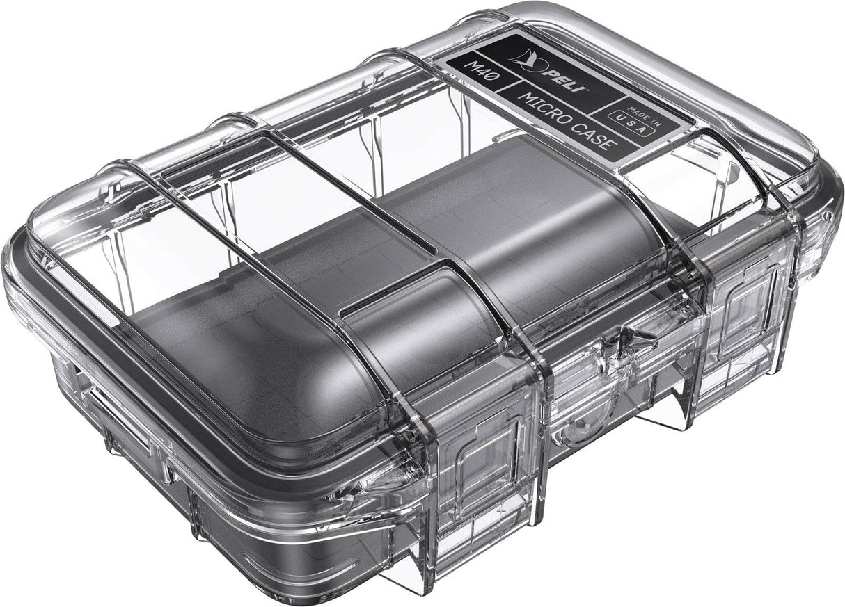 The M40 PELI Micro™ Case is a clear, hard plastic IP67 case with secure latches and a labeled lid, designed as a waterproof protective case for small items.