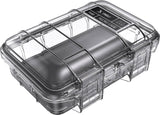 The M40 PELI Micro™ Case is a clear, hard plastic IP67 case with secure latches and a labeled lid, designed as a waterproof protective case for small items.