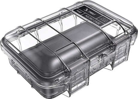 The M40 PELI Micro™ Case is a clear, hard plastic IP67 case with secure latches and a labeled lid, designed as a waterproof protective case for small items.