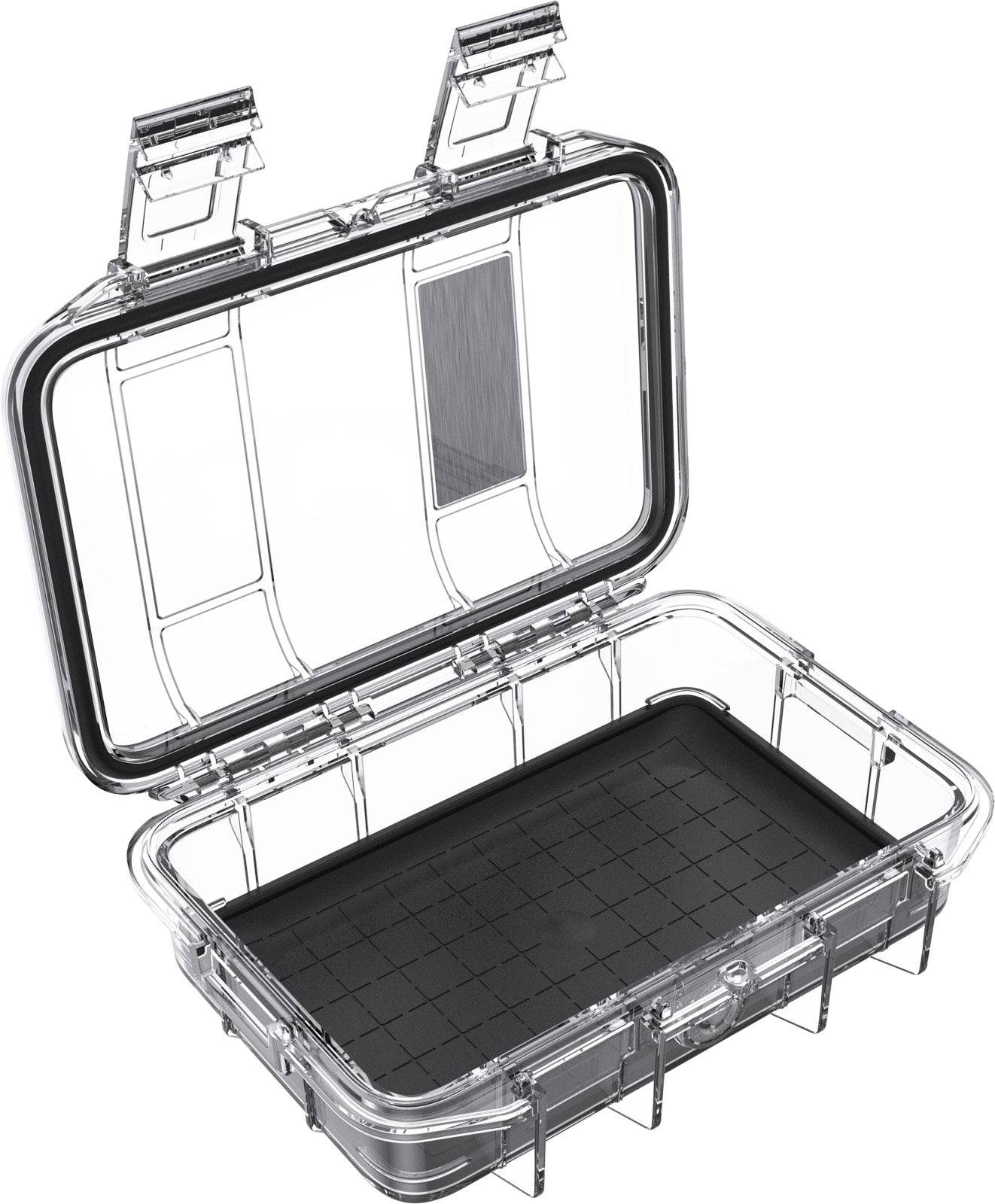 The M40 PELI Micro™ Case is a transparent hard plastic IP67 case with a hinged lid, two open latches, and black grid-pattern foam inside, providing dependable waterproof and crushproof protection for your valuables.