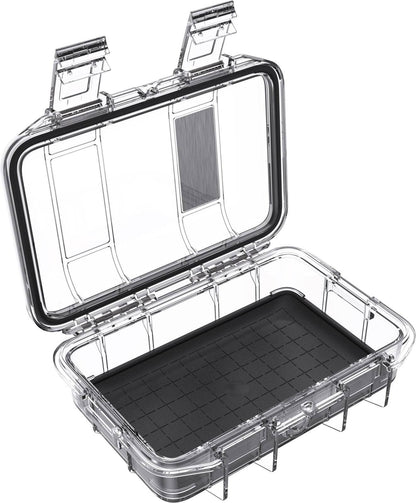 The M40 PELI Micro™ Case is a transparent hard plastic IP67 case with a hinged lid, two open latches, and black grid-pattern foam inside, providing dependable waterproof and crushproof protection for your valuables.