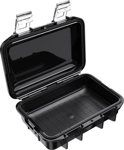 The M40 PELI Micro™ Case is a black, hard plastic waterproof case with an open hinged lid, two clear latch closures, and an empty interior lined with a textured surface.