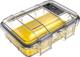 The M40 PELI Micro™ Case is a clear plastic IP67 case with a yellow interior, black seal, secure latch, and a labeled lid, shown here in its closed position.