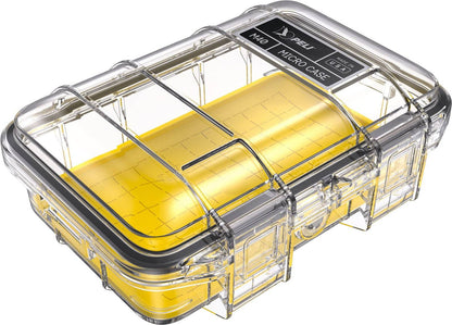 The M40 PELI Micro™ Case is a clear plastic IP67 case with a yellow interior, black seal, secure latch, and a labeled lid, shown here in its closed position.