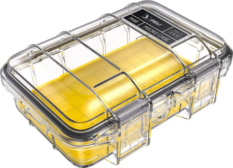 The M40 PELI Micro™ Case is a clear plastic IP67 case with a yellow interior, black seal, secure latch, and a labeled lid, shown here in its closed position.
