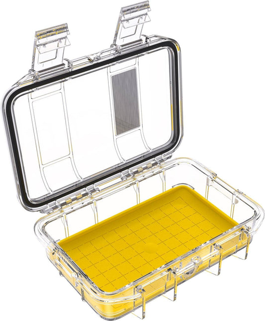 The M40 PELI Micro™ Case features a transparent waterproof design with two open clasps and a yellow grid-patterned base, providing secure protection for your items.