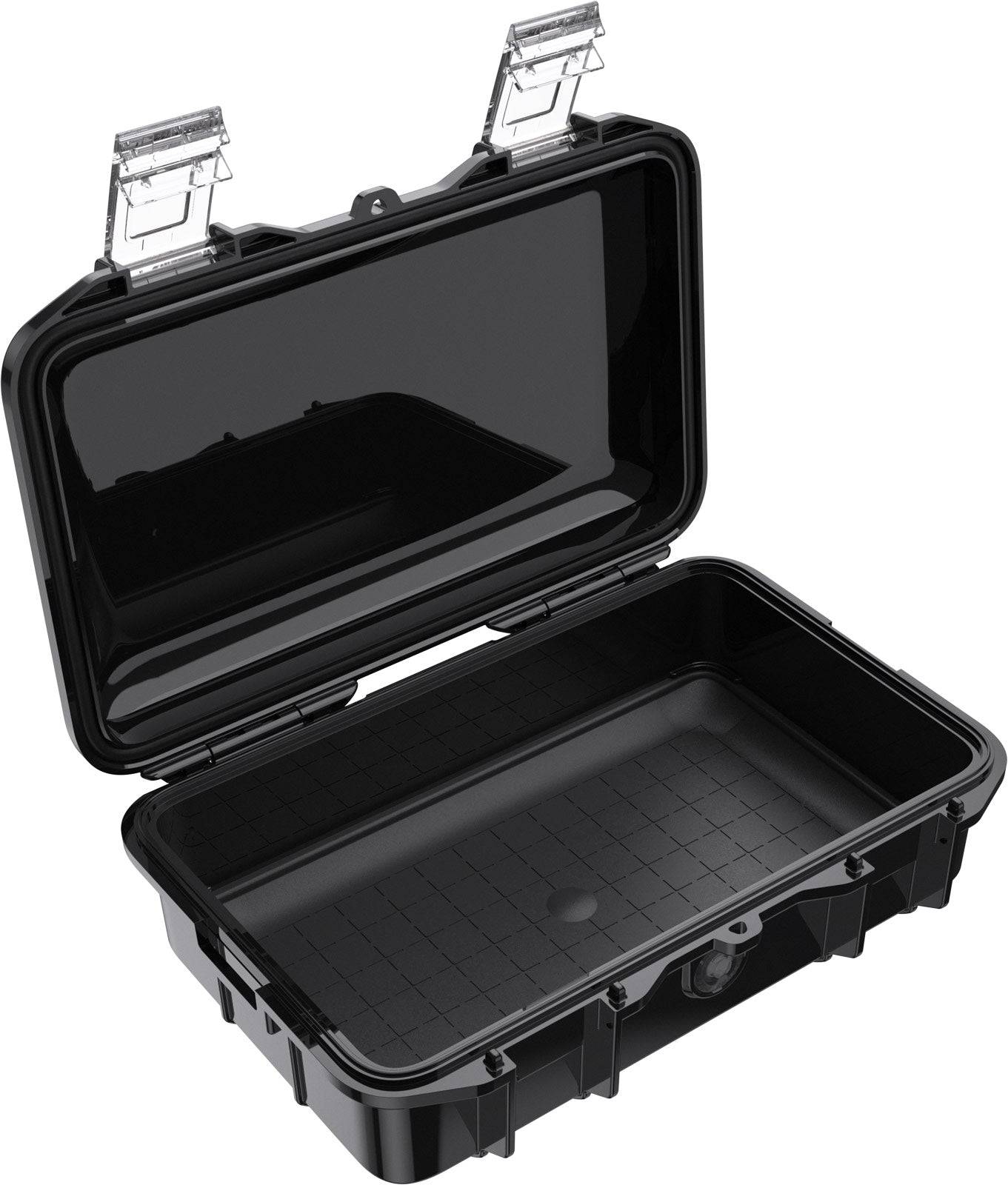 The M50 PELI Micro™ Case is a black, hard plastic crushproof case with an open hinged lid, an empty interior, two clear locking clasps, and IP67 protection.