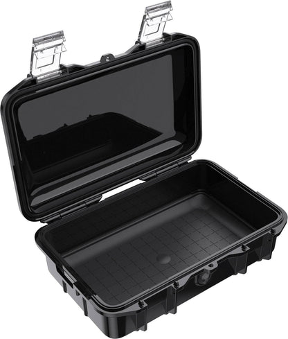 The M50 PELI Micro™ Case is a black, hard plastic crushproof case with an open hinged lid, an empty interior, two clear locking clasps, and IP67 protection.