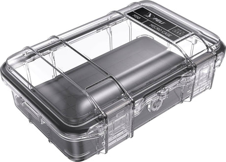 The M50 PELI Micro™ Case is a transparent waterproof case with a black base, secure latch, and lid label, offering IP67 protection for small valuables or electronics.