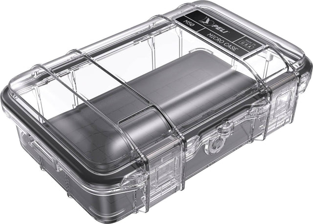 The M50 PELI Micro™ Case is a transparent waterproof case with a black base, secure latch, and lid label, offering IP67 protection for small valuables or electronics.
