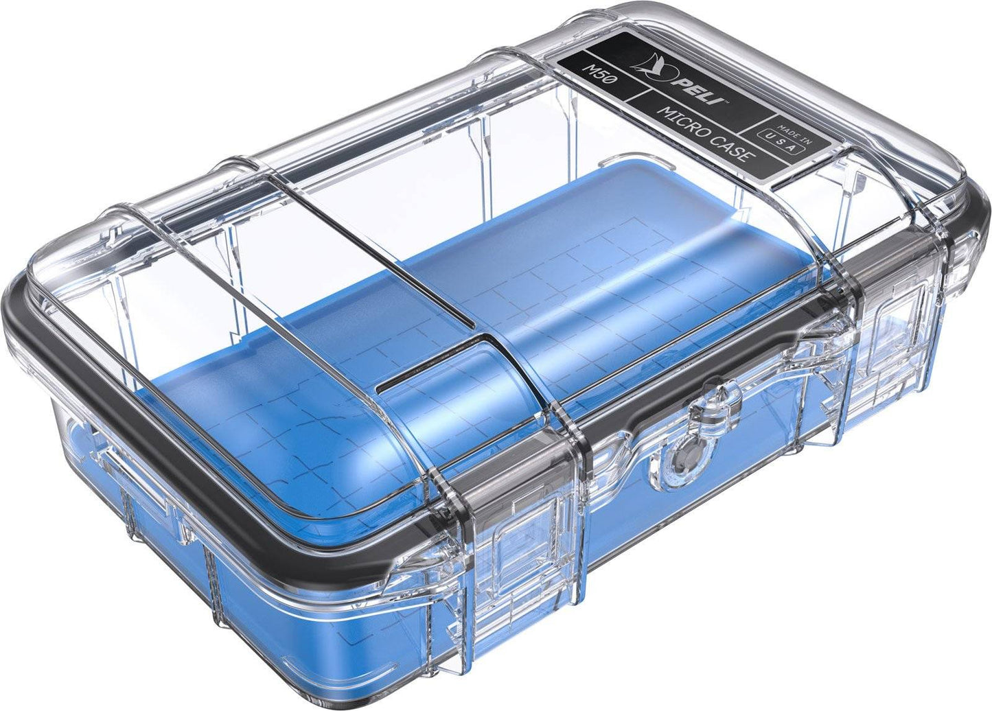 A clear hard plastic micro case with a blue base, labeled M50 PELI Micro™ Case on the lid, designed as a crushproof case for protecting small valuables.