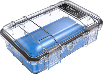 A clear hard plastic micro case with a blue base, labeled M50 PELI Micro™ Case on the lid, designed as a crushproof case for protecting small valuables.