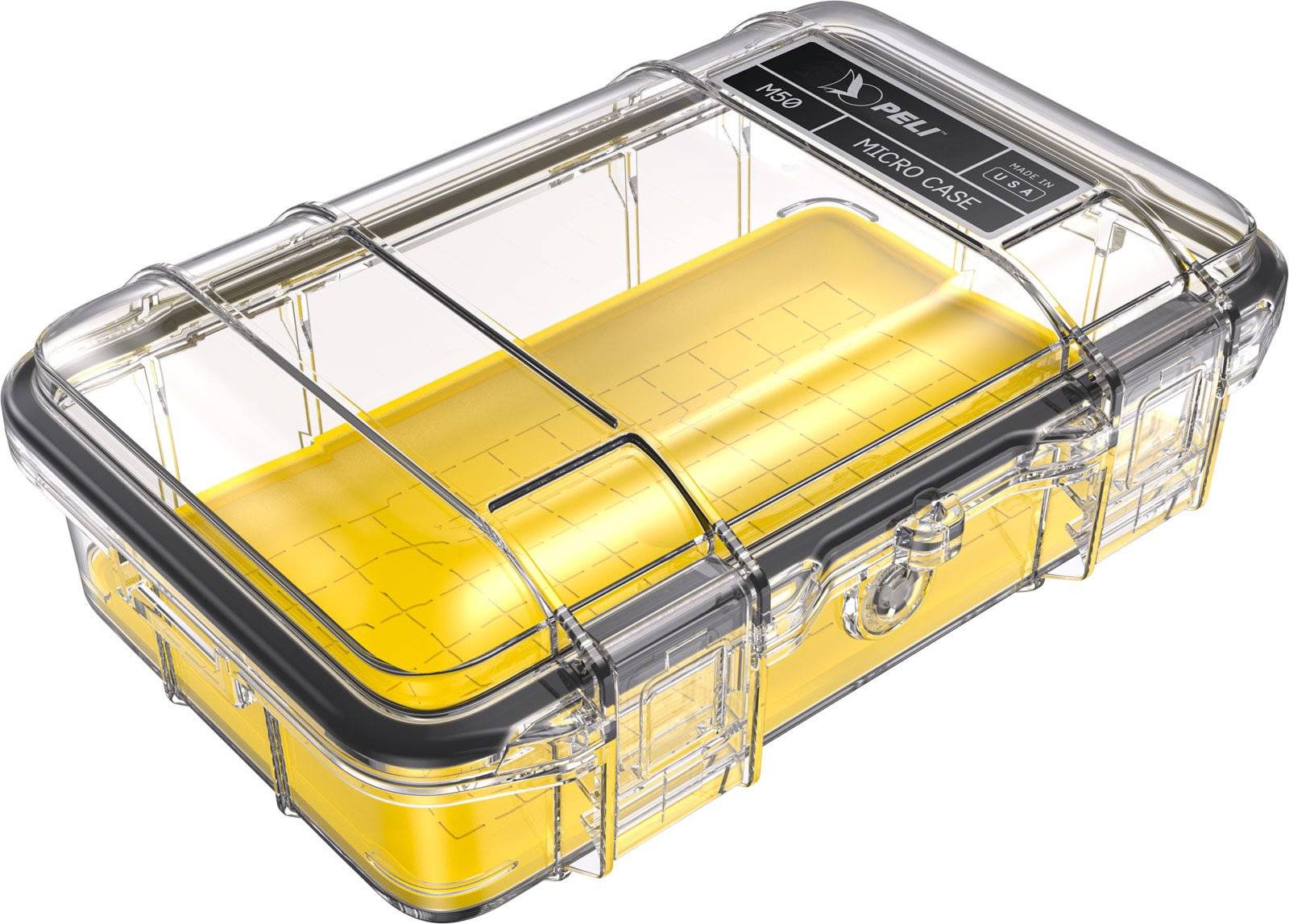 The M50 PELI Micro™ Case is a clear hard plastic micro case with black trim and a yellow interior base. This crushproof case offers secure storage for small items and features IP67 dustproof and waterproof protection.
