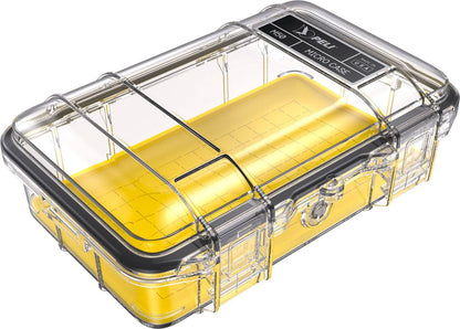 The M50 PELI Micro™ Case is a clear hard plastic micro case with black trim and a yellow interior base. This crushproof case offers secure storage for small items and features IP67 dustproof and waterproof protection.