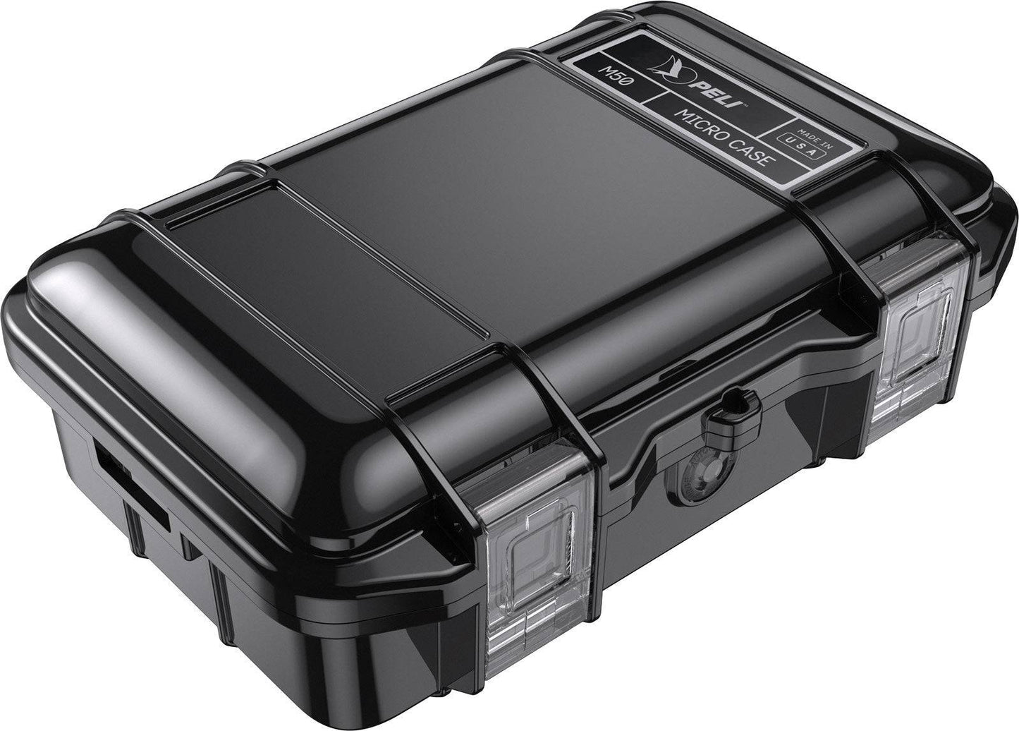 A black hard plastic M50 PELI Micro™ Case with clear latches and a pressure valve, labeled on the lid, offers IP67 protection and is crushproof.