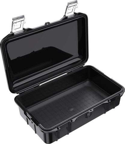 The M60 PELI Micro™ Case, made of black hard plastic and featuring two metal latches, is shown open with an empty interior. It provides IP67-rated waterproof and crushproof protection for your valuables.