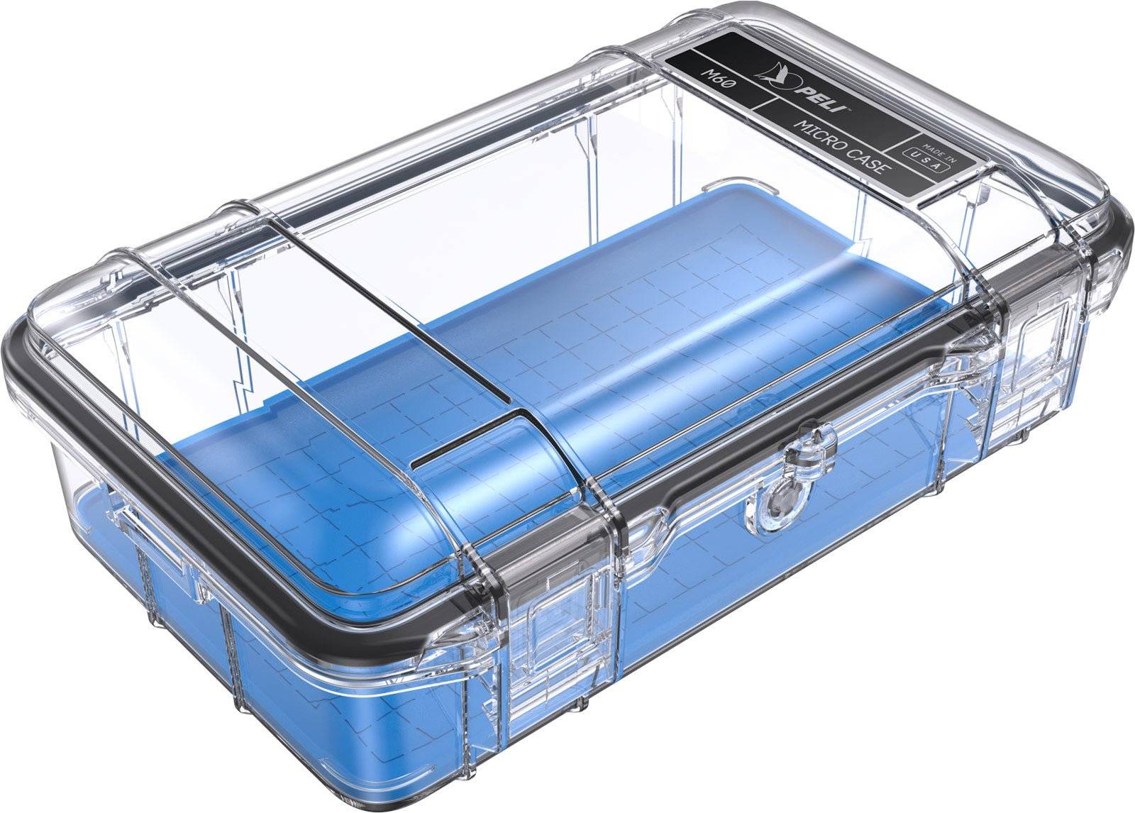 The M60 PELI Micro™ Case, an IP67-rated clear plastic case with a blue base, is shown closed against a white background.
