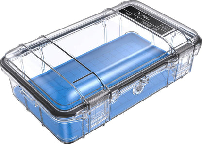 The M60 PELI Micro™ Case, an IP67-rated clear plastic case with a blue base, is shown closed against a white background.