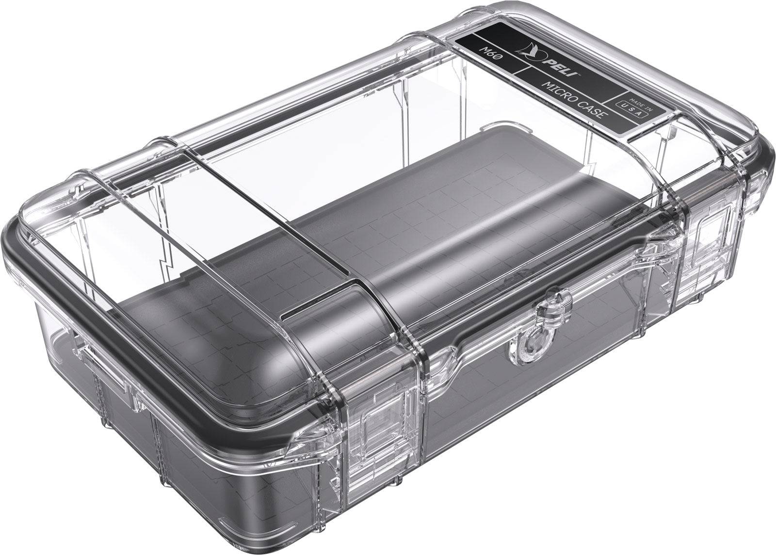 The M60 PELI Micro™ Case is a clear plastic IP67 case with a black liner, clasp closure, and label area on the lid—offering waterproof protection to keep your valuables safe and secure.