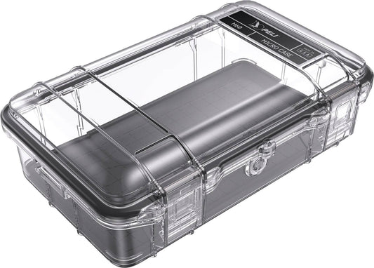 The M60 PELI Micro™ Case is a clear plastic IP67 case with a black liner, clasp closure, and label area on the lid—offering waterproof protection to keep your valuables safe and secure.
