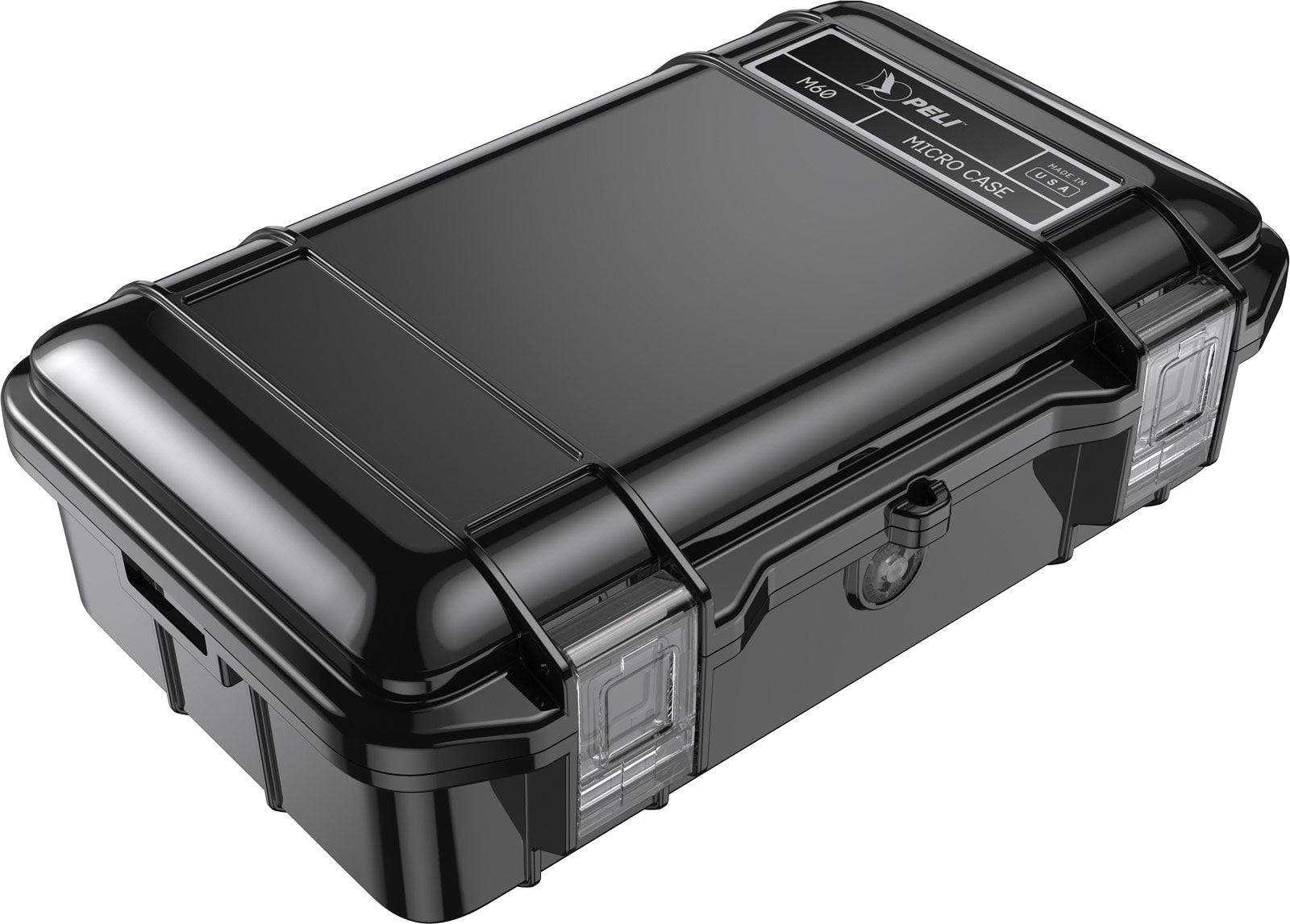 Black hard-shell M60 PELI Micro™ Case with clear latches, shown closed at an angle. This IP67-rated case protects your valuables with crushproof and waterproof security.
