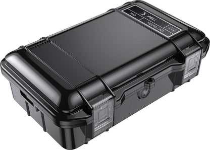 Black hard-shell M60 PELI Micro™ Case with clear latches, shown closed at an angle. This IP67-rated case protects your valuables with crushproof and waterproof security.