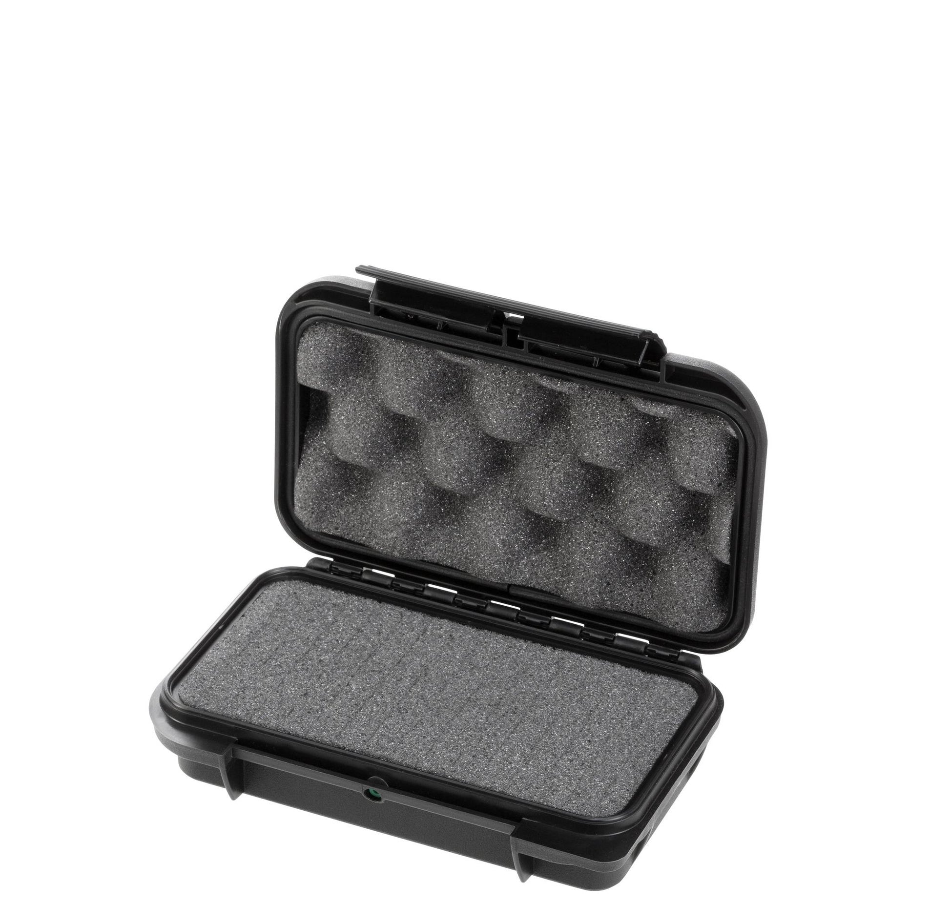 The MAX001 is a small black polypropylene copolymer case with an open lid, egg crate foam in the lid, and flat foam in the base. This IP67 waterproof case is perfect for protecting delicate items.