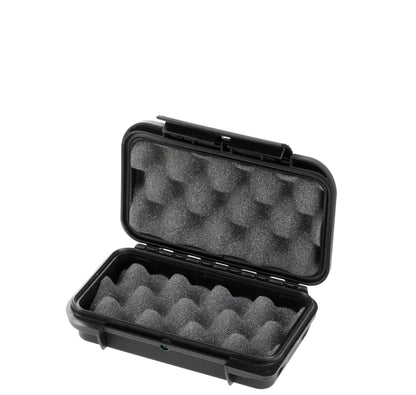 The MAX001 is a compact black case made from polypropylene copolymer, featuring an open lid that reveals egg crate-style foam padding inside.