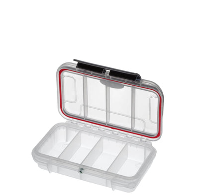 The MAX001T is a clear polypropylene storage box with four compartments, an open hinged lid, and a red edge seal, providing IP67 waterproof protection to keep items organized and secure.