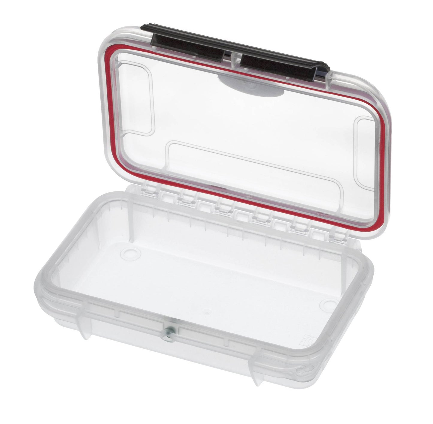 The MAX001T is a transparent polypropylene storage box with a red rubber seal and black latch, shown open and empty. This IP67 waterproof case is perfect for custom CNC foam fittings.