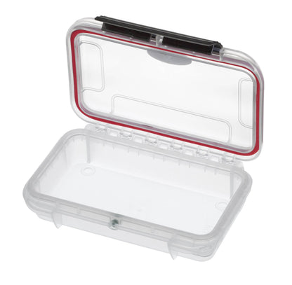 The MAX001T is a transparent polypropylene storage box with a red rubber seal and black latch, shown open and empty. This IP67 waterproof case is perfect for custom CNC foam fittings.