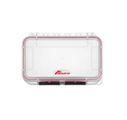 The MAX001T is a clear rectangular polypropylene storage box featuring a red Panaro logo, black latch, visible pink gasket around the lid, and optional custom CNC foam fittings for extra protection.