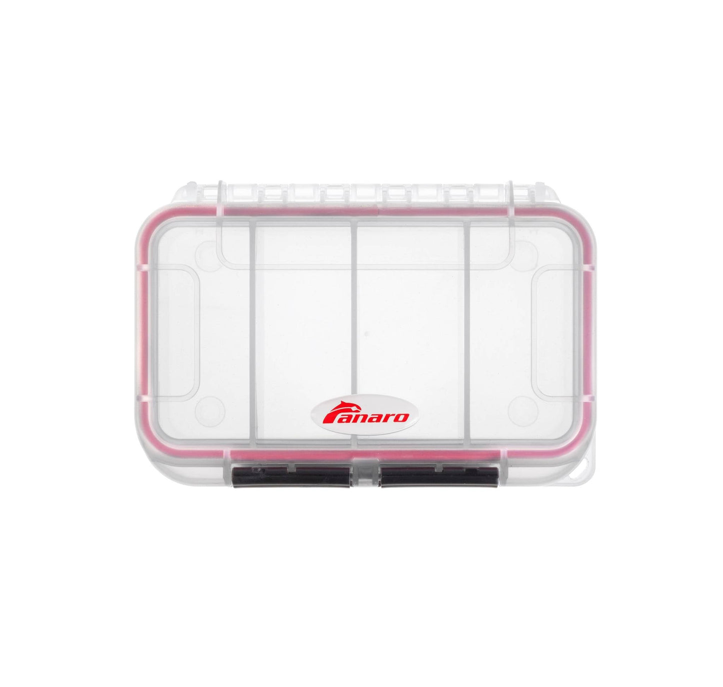 The MAX001T is a clear polypropylene storage box with a pink seal, black latch, IP67 waterproof protection, and the Panaro logo on the lid.