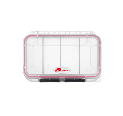 The MAX001T is a clear polypropylene storage box with a pink seal, black latch, IP67 waterproof protection, and the Panaro logo on the lid.