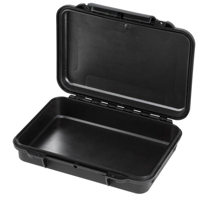 The MAX002 is a small, empty, black hard plastic waterproof case with the lid open, shown on a white background.