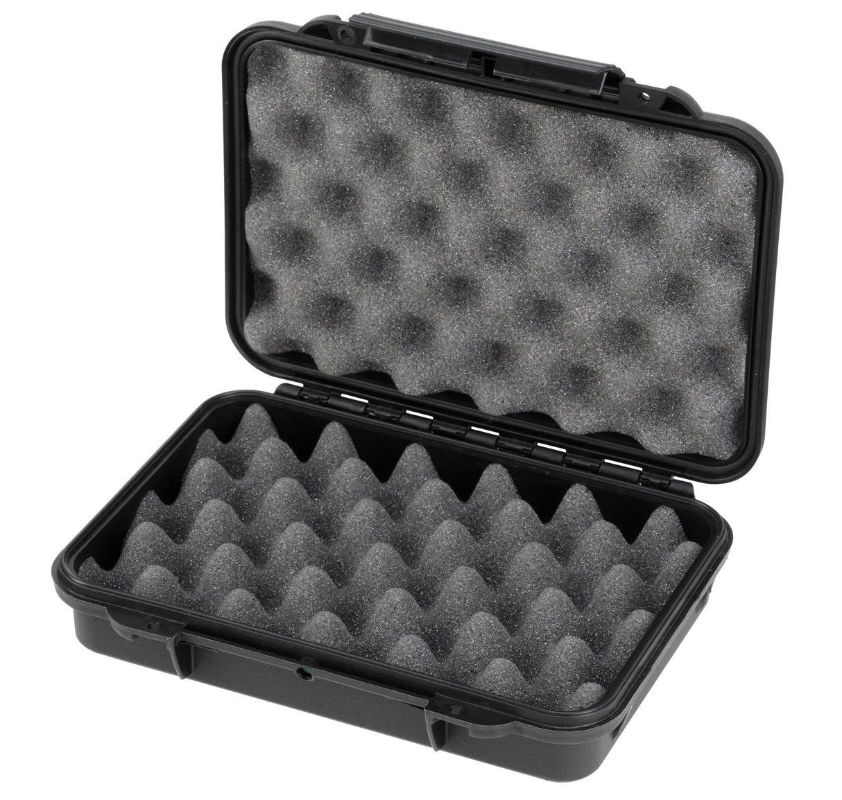 The MAX002 is a black waterproof case made of durable polypropylene copolymer with egg-crate foam padding, shown open against a white background.