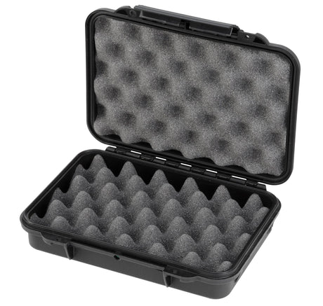 The MAX002 is a black waterproof case made of durable polypropylene copolymer with egg-crate foam padding, shown open against a white background.