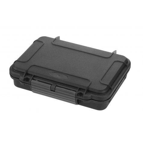 The MAX002 is a closed, rectangular black case made of durable polypropylene copolymer with reinforced corners and a secure front latch.