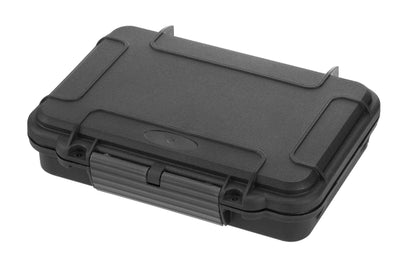 The MAX002 is a closed black hard plastic waterproof case with reinforced corners, made from durable polypropylene copolymer and featuring a secure front latch.