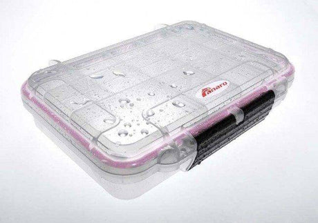 The MAX002T is a clear polypropylene copolymer waterproof storage box with water droplets on its lid and a black side handle, placed on a white surface.