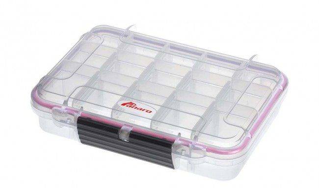 The MAX002T is a clear plastic waterproof storage box with multiple compartments, pink gasket seal, black latch, and Failaro logo. Made from durable polypropylene copolymer, this IP67-certified case keeps your items safe and organized.
