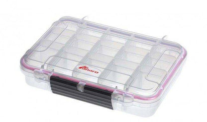 The MAX002T is a clear plastic waterproof storage box with multiple compartments, pink gasket seal, black latch, and Failaro logo. Made from durable polypropylene copolymer, this IP67-certified case keeps your items safe and organized.