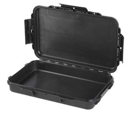 The MAX003 is a black hard plastic polypropylene copolymer case shown open with an empty interior and secure latches. This durable IP67 protective case reliably safeguards your valuables.