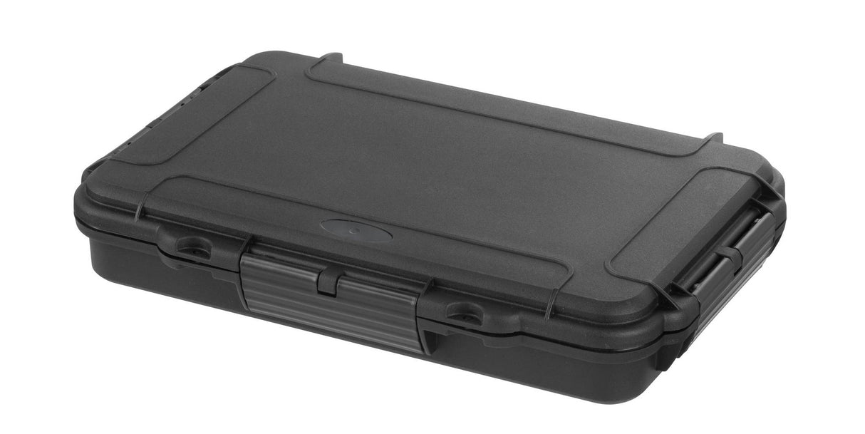 The MAX003 is a closed black protective case made of hard polypropylene copolymer plastic, featuring a front latch, shown against a white background.