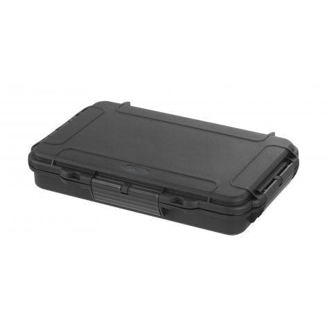 The MAX003 is a closed, rectangular IP67 black case made of polypropylene copolymer with reinforced edges and a secure latch, shown on a white background.